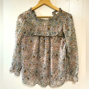 Monteau Medium Blouse. Flowered, Autumn colors long sleeve. Golden dots
